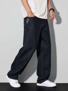 Manfinity Homme Spring & Summer Casual Dark Washed Blue Straight Loose Fit Printed Raw Denim Jeans - Blue - View 1