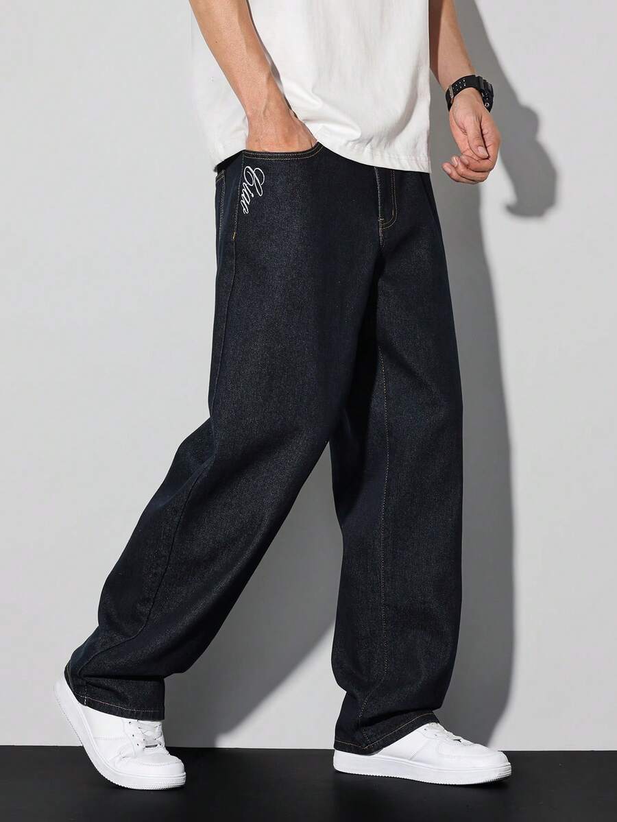 Manfinity Homme Spring & Summer Casual Dark Washed Blue Straight Loose Fit Printed Raw Denim Jeans - Blue - View 1