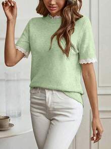 Louniche Elegant Apricot Crew Neck Lace Trim Knit Short Sleeve Sweater, Suitable For Commuting, Home, And Daily Wear, Spring/Summer - Green - View 4