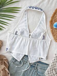SHEIN TRVLCHIC 刺绣系带优雅休闲女式背心 - 藍白色 - 查看 2