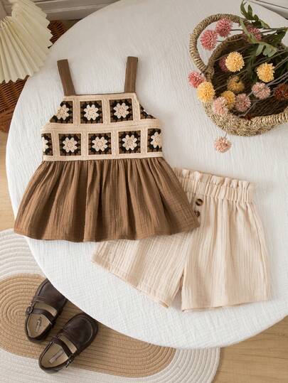 SHEIN Genkimix Kids 女童法式乡村风钩针吊带上衣和杏色短裤套装，舒适亲肤的夏季儿童服装