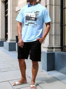 Manfinity Homme Men's Casual Letter Print Round Neck Short Sleeve Loungewear Top - Baby Blue - View 4