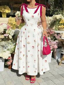SHEIN MOD Đầm thời trang cỡ lớn dành cho nữ, in hoa, đính nơ, cổ tròn, không tay. - Nhiều màu - Xem 2