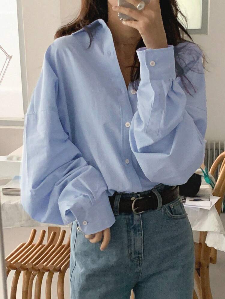 Tall Women's Oversized Turndown Collar Long Sleeve Casual Shirt Summer