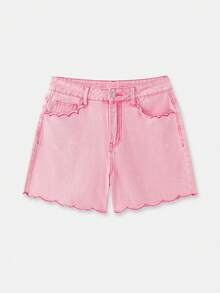 lacRébo Pink Denim Shorts With Scalloped Edges Spring Summer Parisian Style French Style Vacation Shorts Going Out - Pink - View 6