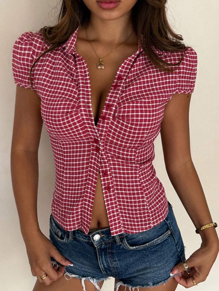 Plaid Pleated Waist Turndown Collar Short Sleeve Casual Vacation Summer Blouse For Women