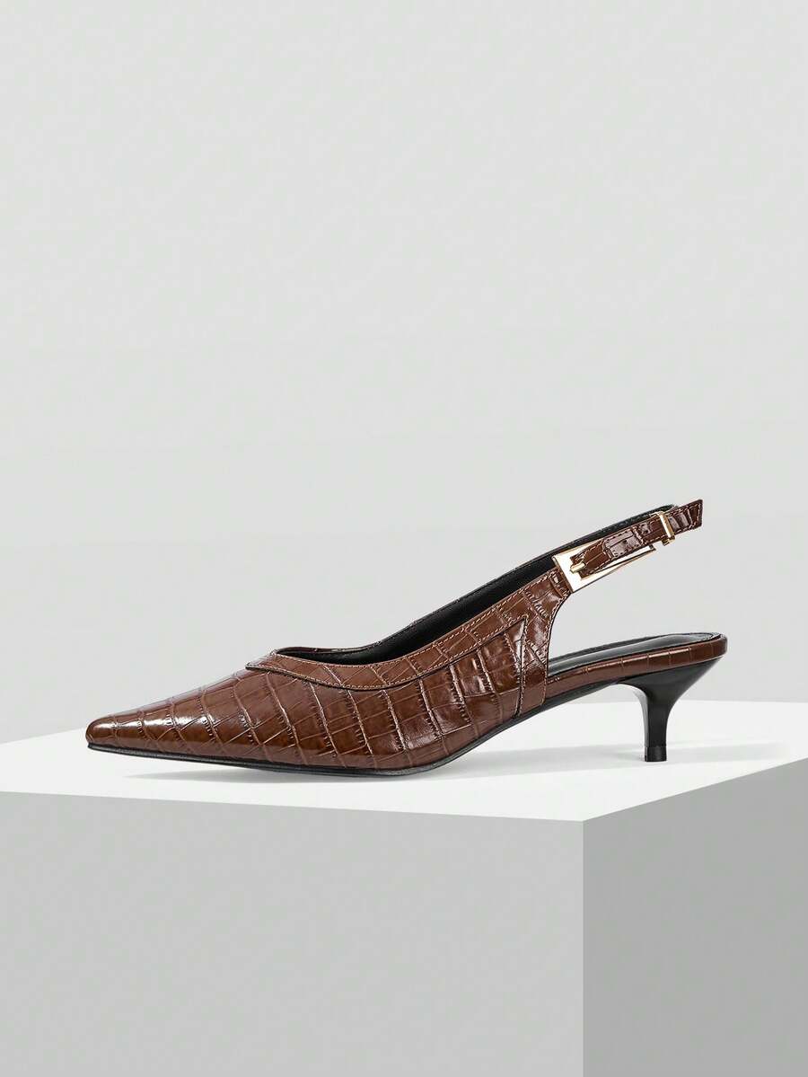 Mnmlis Giày nữ thời trang đơn giản, đế thấp, gót nhọn, quai hậu, kiểu mule, họa tiết dập nổi, thích hợp đi làm. - màu nâu - Xem 1