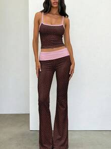 SHEIN EZwear 2026新款波点撞色夏季吊带背心和裤子套装，适合春夏外出穿着，波点印花吊带背心，甜美波点吊带背心，棕色底粉色波点拼接吊带背心 - 彩色 - 查看 7