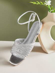 SHUZIA 女士时尚休闲舒适编织PU踝带平底凉鞋 - 銀色 - 查看 6