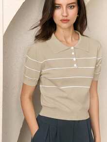 BizChic Women's Polo Collar Knit Top,Beige,Summer,Elegant And Classy,Everyday,Back-To-School,Business Casual Office Outfits,Versatile Retro Striped Blouses - Khaki - View 5