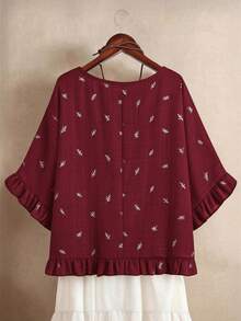 SHEIN EMERY ROSE CURVE Plus Size Embroidered Pattern Round Neck Long Sleeve Shirt - Burgundy - View 2