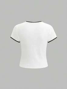 Airaco 3pcs/Set Shell Trim Embroidered Colorblock Round Neck Women Cropped T-Shirts - Multicolor - View 6