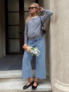 SHEIN 孕妇休闲弹力腰七分牛仔裤 - 淺色水洗藍 - 查看 4