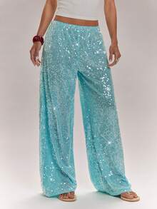 SHEIN BAE Quần ống rộng cạp thấp màu xanh bóng, quần đi nghỉ mát, quần đi biển, quần nghỉ xuân, quần đi ăn trưa, quần đính hạt, quần Ibiza, quần mùa hè, quần đi nghỉ mát kiểu Ý - Màu xanh ngọc - Xem 1