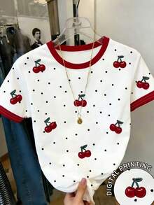 Resyla 女士樱桃色拼接圆领短袖T恤 - 彩色 - 查看 3