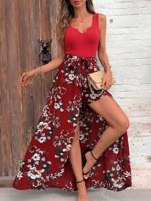 SHEIN Clasi 女士新款时尚梭织印花拼接针织连体裤 - 紅色 - 查看 5