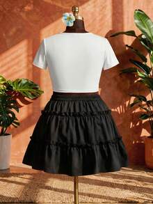 SHEIN CURVE+ Curve 尺码 US22 音乐节、海滨度假、波西米亚风女士双层弹力腰黑色短裙 - 黑色 - 查看 3