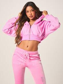 Missguided x Playboy 女士镶钻超大款短款拉链连帽卫衣，饰有闪亮细节和正面标志 - 粉色 - 查看 4