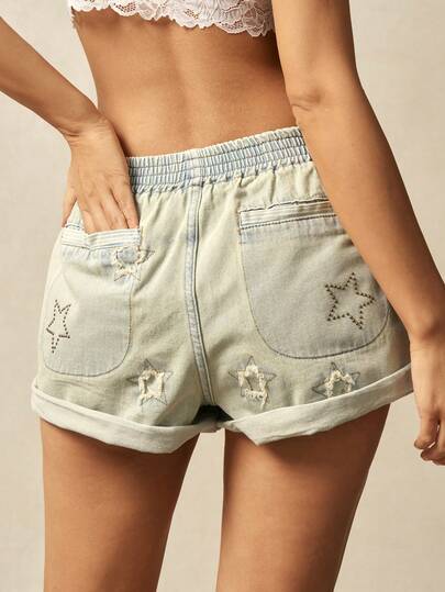 Bohemela Quần short denim đính đinh tán dáng rộng, cỡ lớn, phong cách thường ngày mùa hè.