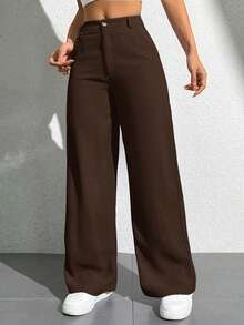 SHEIN PETITE Pantalones rectos casuales de mujer con bolsillos - Café integral - Ver 5