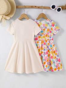 SHEIN Elladie kids 2件套女童休闲彩色碎花短袖连衣裙，夏季 - 彩色 - 查看 2