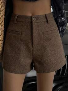 Women's Elegant Design Pocket Straight Leg Casual Shorts, Suitable For Office, Commuting, Spring & Autumn - Brown - View 10