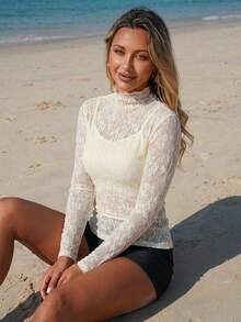 FRIFUL Women's Floral Lace Collar Long Sleeve Fitted Blouse - White - View 7