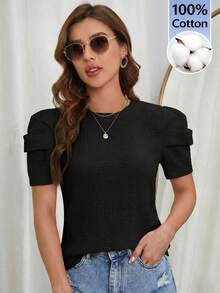 SHEIN Clasi Áo thun cổ tròn tay phồng màu đen, chất liệu cotton nguyên chất, có họa tiết, thích hợp mặc đi nghỉ mát, thanh lịch, đi làm, hẹn hò, nhiều dịp, đa năng. - màu đen - Xem 5