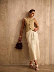 MOTF PREMIUM 女士优雅金色不对称无袖外套 - 棕色 - 查看 5