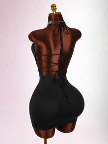 Amplova Đầm mini ôm sát cơ thể khoét sâu, xuyên thấu mới dành cho nữ - màu đen - Xem 2