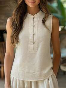 Balvessa Linen-Like Bamboo Knot Half-Placket Casual Vacation Shirt For Women - Apricot - View 1