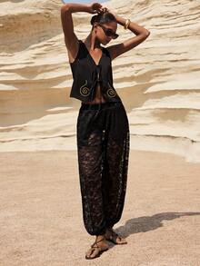 Maija Women's Elastic Waist Floral Lace Pocket Ankle Length Pants - Black - View 4