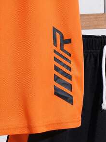 SHEIN 2pcs Tween Boy Splice Sports Textured Vertical Stripe Pattern Short Sleeve T-Shirt And Shorts Set - Orange - View 2