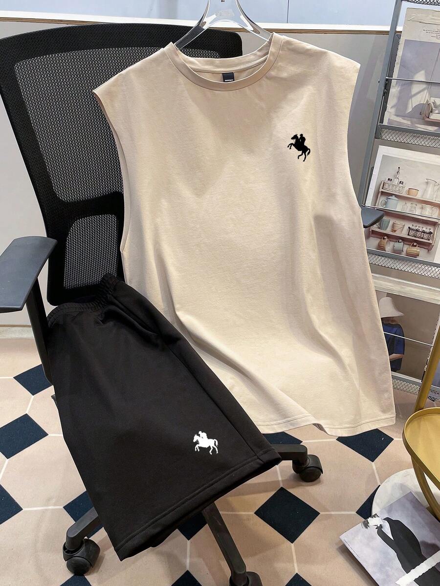 Manfinity Joysei Bộ đồ nam gồm áo cổ tròn in hình hiệp sĩ và quần short, thích hợp mặc hàng ngày. - Nhiều màu - Xem 1