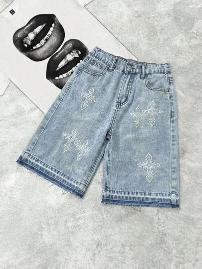 SHEIN 男童时尚休闲 Y2k 白色交叉设计黑色宽松七分牛仔短裤，柔软舒适，适合日常穿着，也适合儿童春夏穿着。