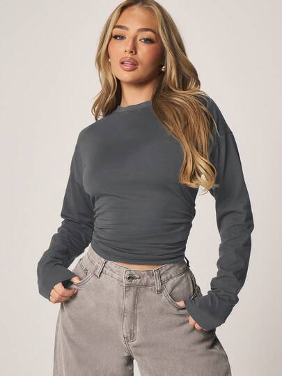 MISSGUIDED Cinched Waist Longline T-Shirt Long Sleeve Crew Neck Fitted Black Top For Fall Winter Casual Everyday Wear