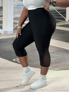 SHEIN CURVE+ 大码女式黑色舒适弹力修身七分紧身裤，亲肤材质 - 黑色 - 查看 6