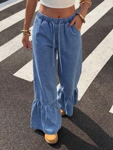 SHEIN ICON 女士阔腿抽绳牛仔裤 - 淺色水洗藍 - 查看 5