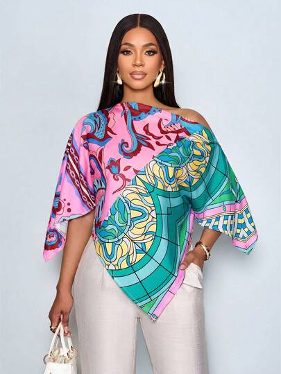 SOLERSUN 性感、优雅、休闲、海滩度假风，彩色艺术印花链条巴洛克风格图案多色露肩衬衫，春夏女装，老钱风格。