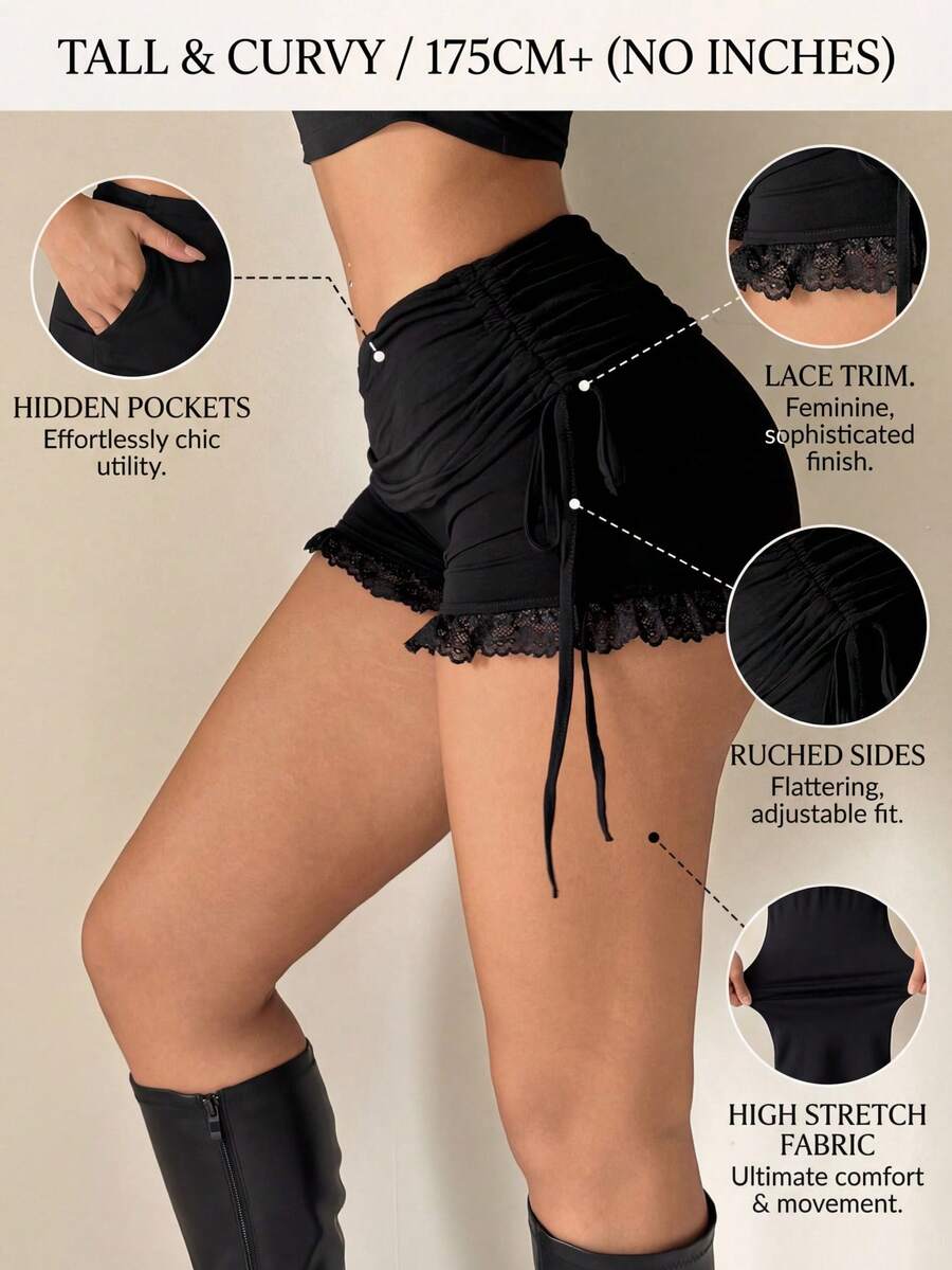 SHEIN PETITE CURVE Plus Size Women Summer Casual Everyday Commute Design Solid Color Drawstring Pleated Knot Lace Trim Shorts - Black - View 1