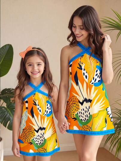 1 chiếc đầm bé gái 4-7 tuổi phong cách nhiệt đới/nghệ thuật Pop Art, nền màu cam, họa tiết cây nhiệt đới đầy màu sắc, dáng chữ A, dây đeo chéo, chất vải mỏng, thiết kế độc đáo, thích hợp cho kỳ nghỉ biển, tiệc biển, tiệc sinh nhật, chụp ảnh mùa hè, mùa xuân và mùa thu.