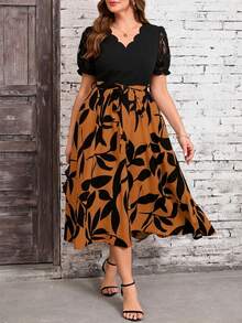 Reflora Plus Size Summer Elegant Lace Patchwork Contrast Color Floral Print Dress - Coffee Brown - View 1