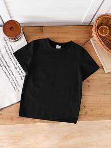 5件/套 女童百搭圆领短袖T恤，白色、黑色、粉色、浅紫色、黄色，休闲可爱简约风，适合户外运动、日常穿着，秋/夏季皆宜，适合女孩、居家、日常穿着，冬季、春季、夏季皆可穿着，百搭实用 - 黑色 - 查看 7