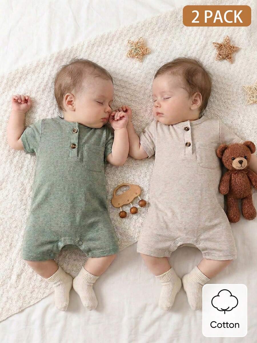 SHEIN Playful Pals 2件裝新生兒中性短袖連身衣 鼠尾草綠 夏季休閒純棉竹纖維素色連身褲 柔軟中性新生兒衣物 - 綠色 - 查看 1