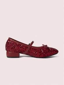 CUCCOO DOLLMOD Giày nữ mũi tròn, trang trí nơ, màu đỏ tía, đính sequin lấp lánh, dễ thương, đế dày, đế thấp, kiểu Mary Jane. - Màu Đỏ Sâu - Xem 2