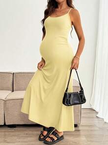 SHEIN Maternity Solid Color Mermaid Hem Fitted Camisole Dress - Yellow - View 4