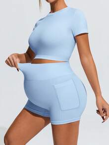 SHEIN Maternity Sports Solid Color Short Sleeve Cropped T-Shirt & Shorts,Word Cup - Baby Blue - View 5
