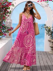 Vivid Eden 女士度假休闲印花吊带连衣裙 - 玫紅色 - 查看 12