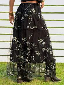 SHEIN EZwear Black Embroidered Sequin Patchwork Elegant & Fashionable Skirt - Black - View 2