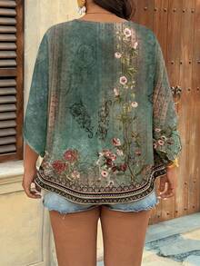 SHEIN VCAY Bohemian Green Floral Print V-Neck Blouse, Suitable For Summer, Plus Size Fall - White - View 2